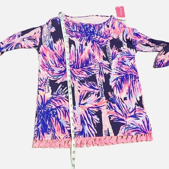 Lilly Pulitzer Mercer Top in Bright Navy Palms Up Reduced Tassel Blue Pink - XXS - Picture 12 of 12